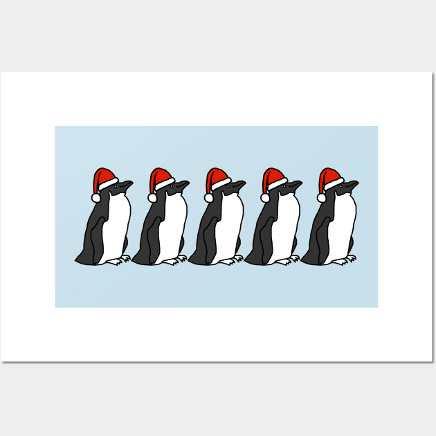 Funny Christmas Five Penguins in Santa Hats Wall Art by ellenhenryart